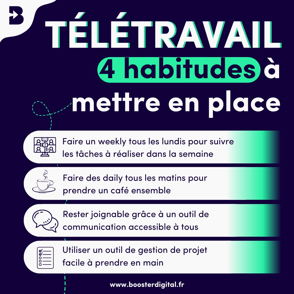 booster_digital's tweet photo. 4 habitudes à adopter pour télétravailler efficacement 💡

Qui dit télétravail dit organisation !

Aujourd'hui, on vous dévoile les 4 habitudes à adopter qui nous semblent indispensables 👇

#teletravail #organisation #equipe https://t.co/4PINSaOLTv