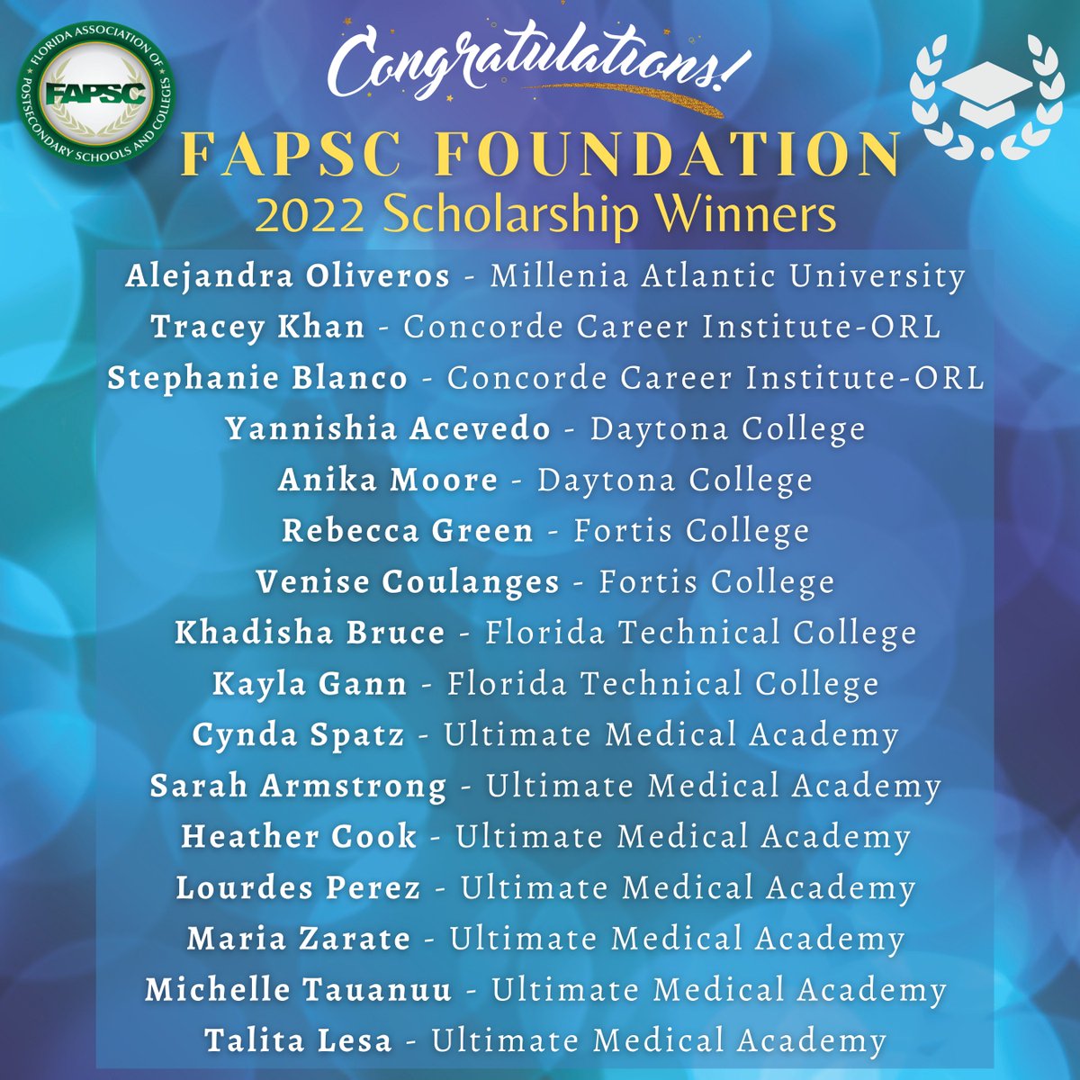 fapsc1's tweet photo. Congratulations to this year's FAPSC Foundation scholarship winners! @FAPSC @HigherEducation @CareerSchools @FLWorkforce #Scholarships 🎉 https://t.co/wQRR9uO6UJ