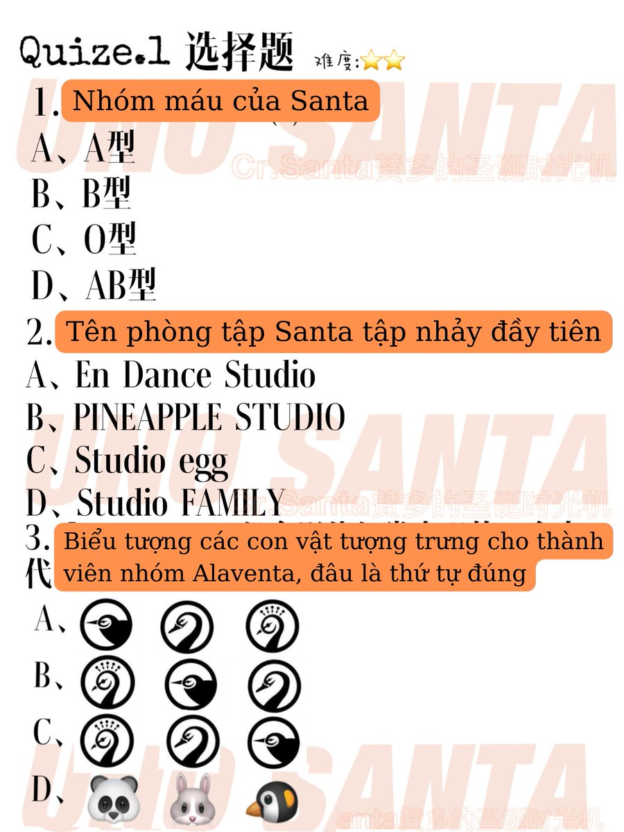 Fangirl_Santa's tweet photo. Topic: Hỏi nhanh đáp lẹ cùng Santa
Làm bài test mức độ hiểu idol nà mem ơi 😁
Phần 1: Trắc nghiệm ( mỗi câu 3 điểm)
@SANTADANCE_ 

#Santa #Uno_Santa
#INTO1Santa #赞多 https://t.co/dhUCFC0gbZ