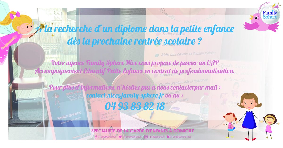 FamilySphere06's tweet photo. A la recherche d'un diplôme dans la petite enfance dès la prochaine rentrée scolaire ?

Votre agence Family Sphere vous propose de passer un CAP Accompagnement Educatif Petite Enfance en contrat de professionnalisation. ✨

#familyspherenice #familysphere #famille #offre #CAP https://t.co/Qqf5BpR0kq
