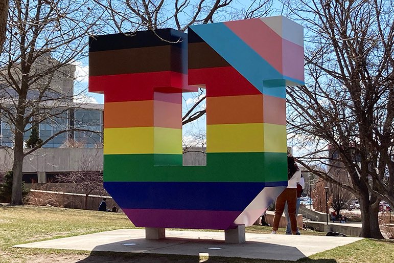 UUtah's tweet photo. ICYMI, the Block U on campus received a makeover to mark #UofUPrideWeek, which begins March 28. 

For those wanting a selfie with the Pride U, it’ll be adorned in 🏳️‍🌈🏳️‍⚧️ until April 4. 

More info on Pride Week can be found here: https://t.co/yYKLYrHYqX https://t.co/kR1HV8rX1Y