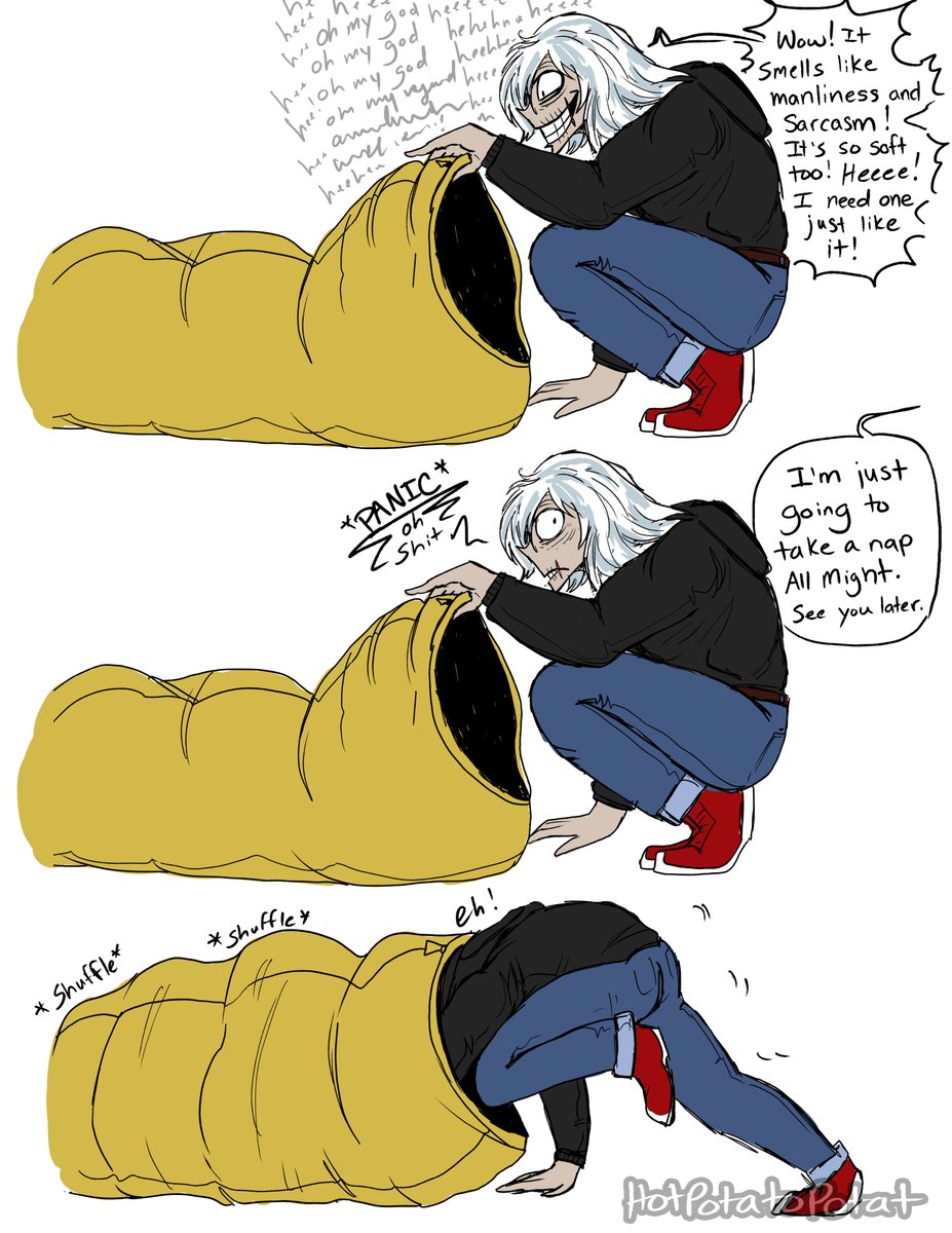 'The Best Flavor' (1/3)

In the last comic of the Shiggy Meets Class 1-A arc, Tenko stumbles across Aizawa's sleeping bag and just can't help himself.

[Shiggy-Endeavor Agency AU]
[#shigaraki #aizawa #tenko #proheroau #shiggyendeavorau #proherotenko #shoutaaizawa]