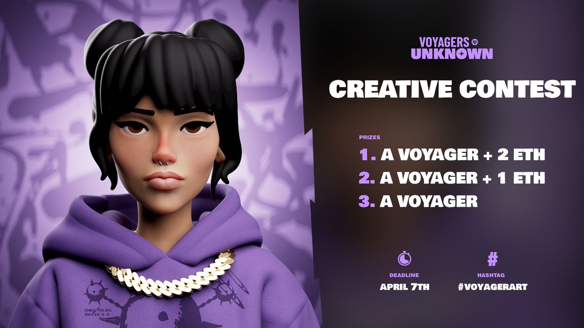 Get the creative juices flowing, Voyagers! ✨🎨 

Submit your most artistic Voyager piece in any medium to Twitter or Instagram using #VOYAGERSART for a chance to win these prizes:

🎁 PRIZES 🎁
1st - 1 Voyager + 2 ETH 
2nd - 1 Voyager + 1 ETH
3rd - 1 Voyager

⌛️: April 7th!