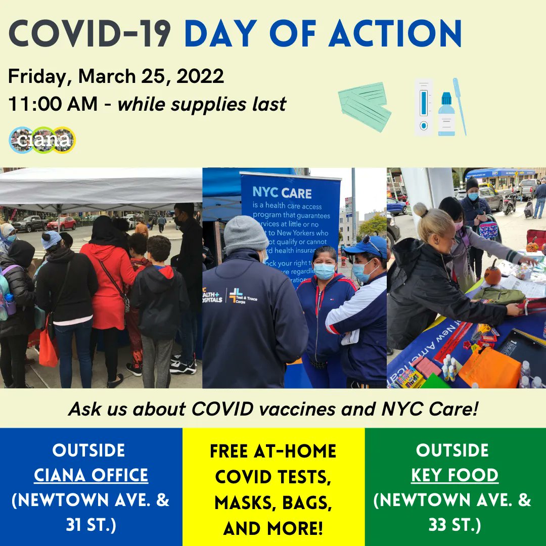 Join us TOMORROW at 11AM for a #COVIDDayofAction outside our office in Astoria. We’ll be giving out home COVID testing kits, PPE, and more giveaways, along with helpful info on preventing the spread of COVID-19 and accessing #immigration services. Hope to see you there!