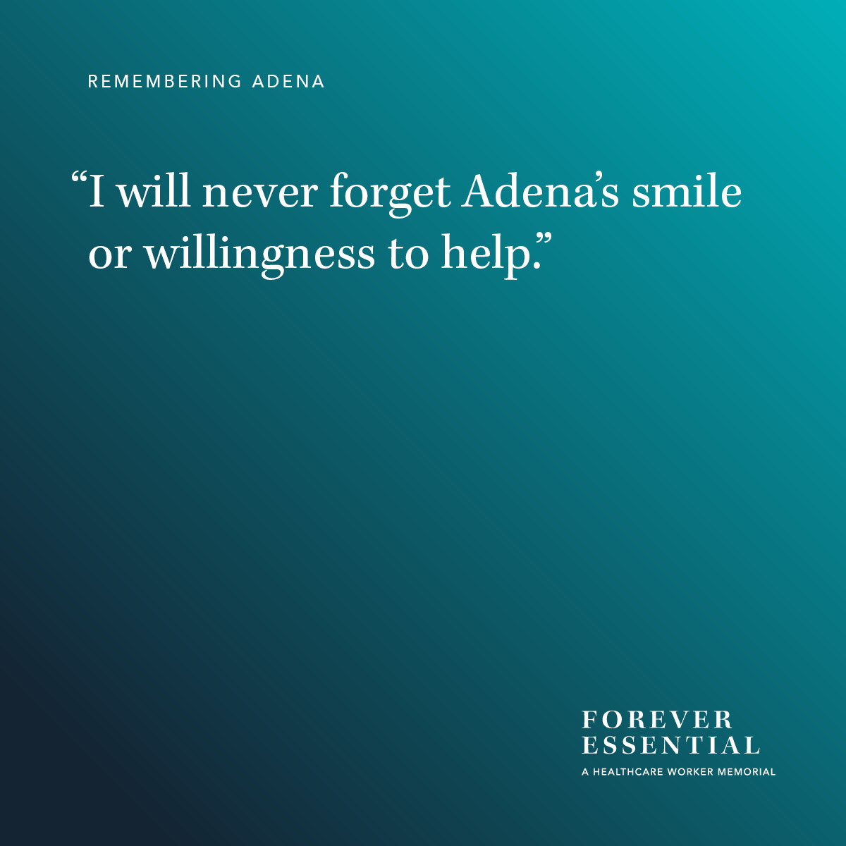 freveressential's tweet photo. Adena touched the lives of everyone around her with her kindness and compassion. She was a committed mentor to many caregivers at her job. Adena was 45 and leaves behind her husband and four children who were the center of her life. #ForeverEssential https://t.co/ezkzqUhcCl