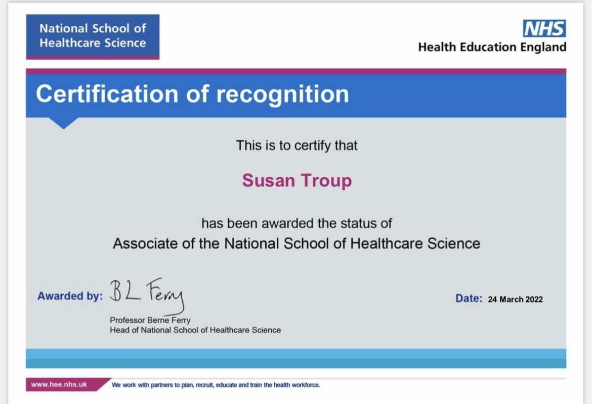Well that’s a nice surprise! Thanks to <a href="/NSHCS/">National School of Healthcare Science</a> for the award of Associate of the National School of Healthcare Science (ANSHCS).  It’s so rewarding to be involved in training and recruiting the next generation of Healthcare Scientists!