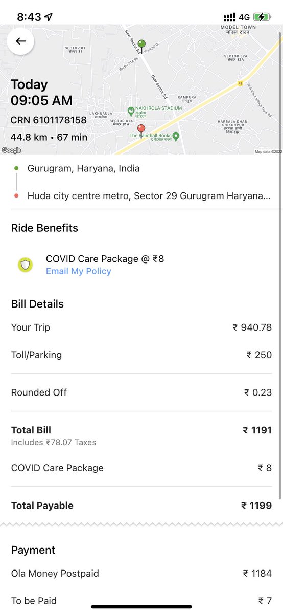 Shantanu235's tweet photo. @Olacabs this morning i have booked cab for nearby metro &amp; its only 18 km. After complete ride i have been get deducted 1199/- rupees &amp; showing 44km ride!!! No response from customer support. https://t.co/pT96A7BipA