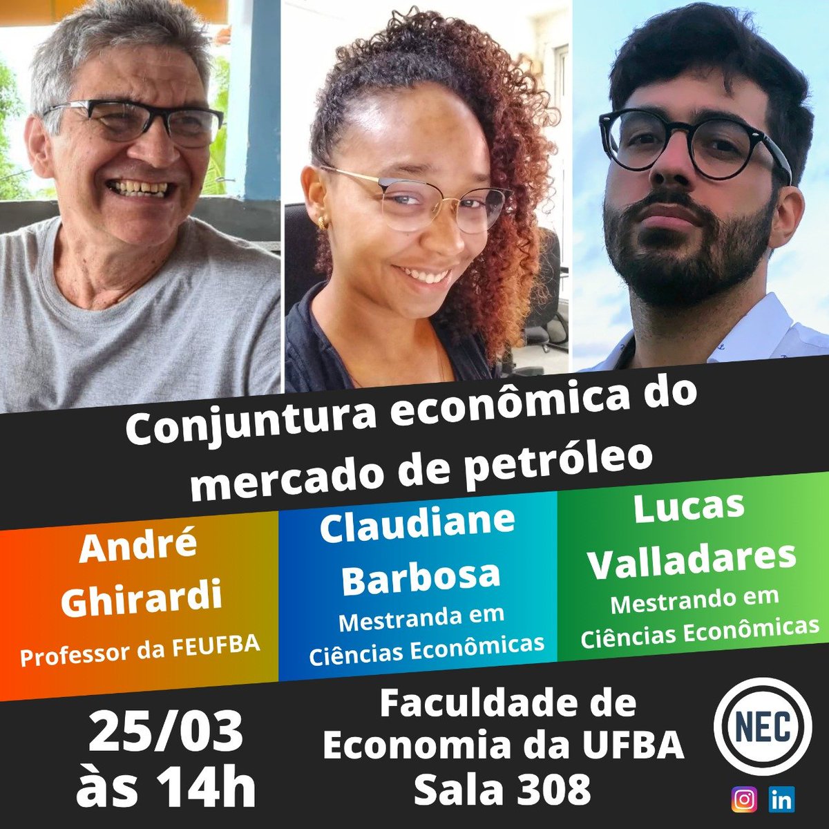 nec_ufba's tweet photo. Amanhã, 25/03, às 14h, o NEC volta com suas apresentações presenciais, dessa vez com a pasta de Economia da Energia.

Tratando da postura dos produtores de petróleo e gás norte-americanos frente a Invasão da Ucrânia e o lucro exorbitante da Petrobras frente ao seu custo social. https://t.co/uHJNMwUIOs