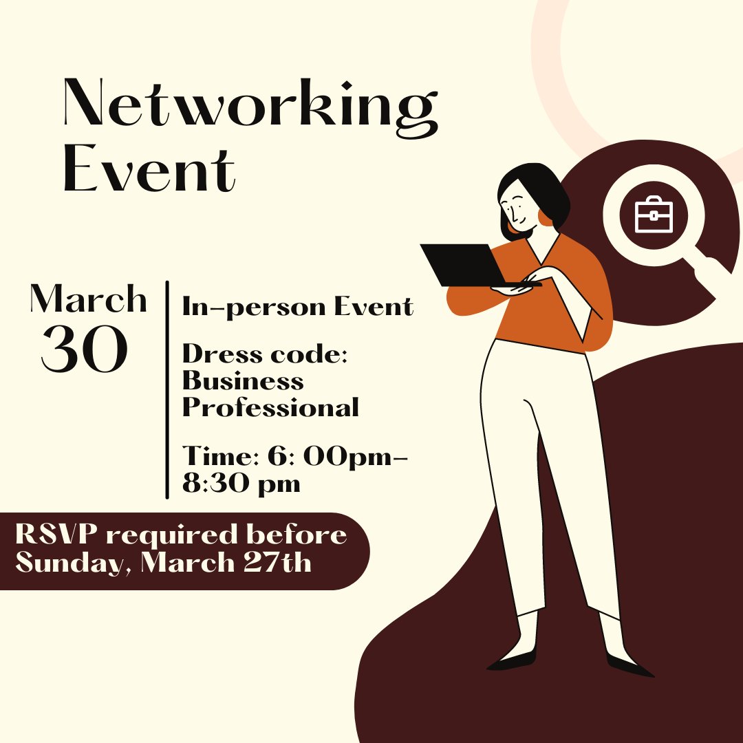 PBWS_UTSA's tweet photo. We will be having a MANDATORY networking event on March 30th from 6-8:30pm. This is a mandatory event for all PBWS official members so please register using the link in group me asap. RSVP required by Sun, March 27th. Dress code is business professional.

#pbwsutsa #utsastudents https://t.co/xa18pNCbfn