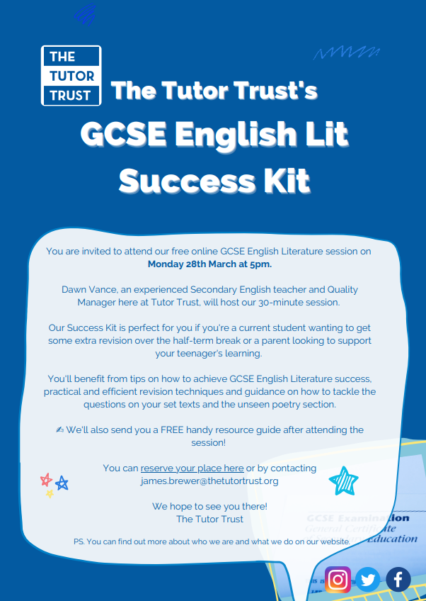 Great opportunity for Year 11 pupils and parents to learn more about the English Literature GCSE preparation with @TheTutorTrust