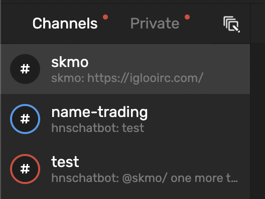 hnschat's tweet image. Modified the conversation list a bit. There's now tabs for Channels/Private Messages instead of a 50/50 split. There are also indicators for mentions, and pm's.