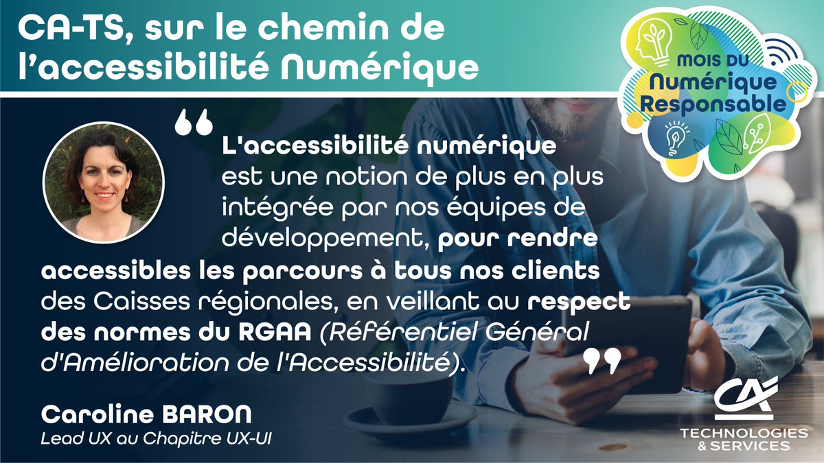CA_TS_'s tweet photo. 1️⃣3️⃣ millions de Français se disent éloignés du numérique. Pour sensibiliser nos collaborateurs à ce sujet, nous avons dédiés cette semaine à l'accessibilité numérique. Retrouvez le témoignage de Caroline, Lead UX au Chapitre UX-UI, sur cet enjeu chez CA-TS.💻 https://t.co/ahWsl7iJYq