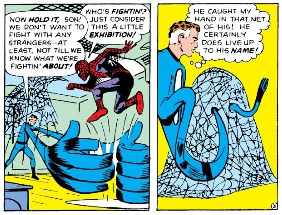 Cronicas_Marvel's tweet photo. ¡Qué emoción, la primera pelea absurda entre héroes! 🥰

Spidey se desenvuelve bastante bien. Lanza lejos a Ben, esquiva y atrapa con telaraña la mano de Reed, marea a Sue y evita una trampa ígnea de Johnny.

¡Y además la primera mención al sentido arácnido! Nuff Said! #ASM1 https://t.co/M0ekE9cDBV
