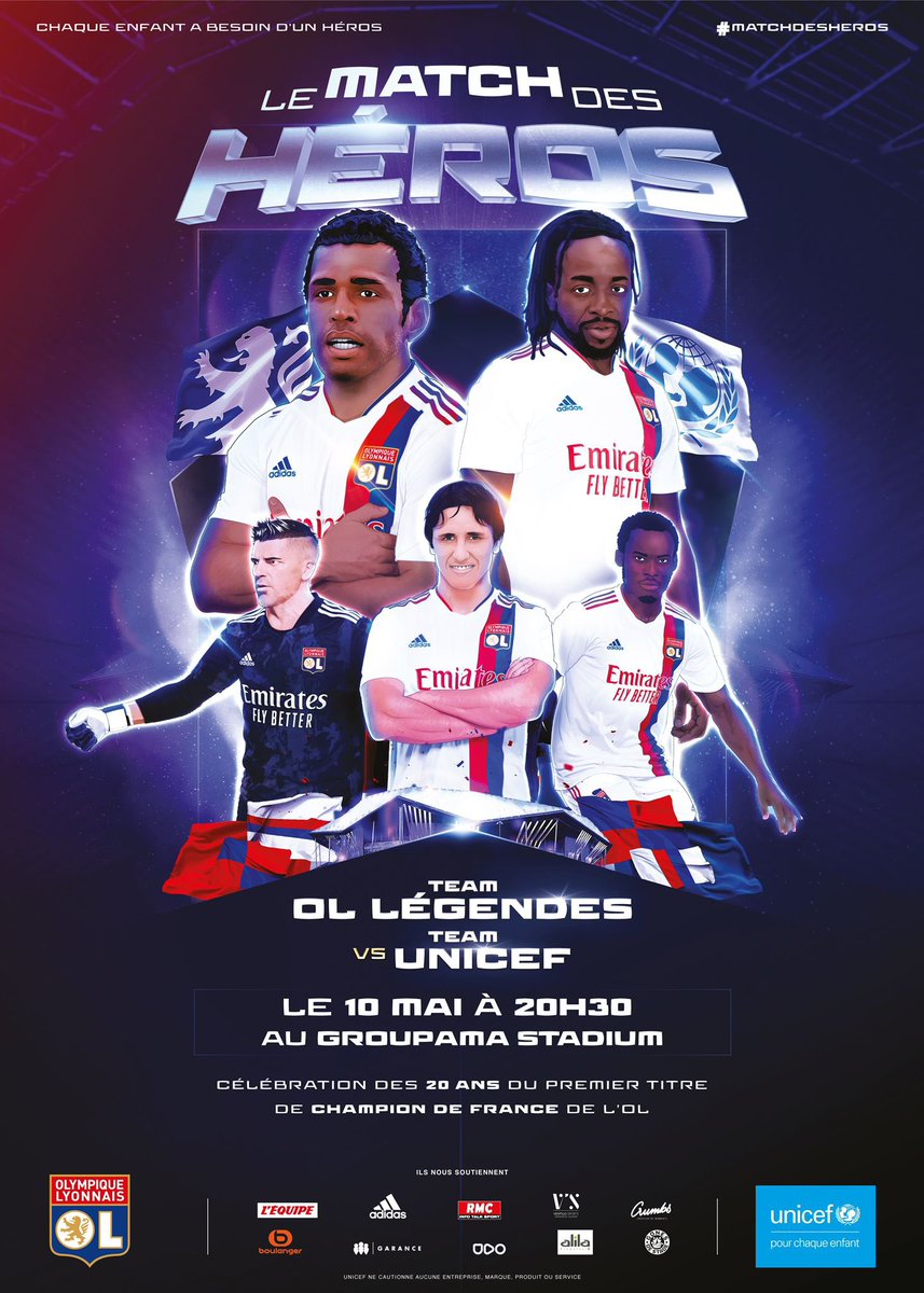 Sonny Anderson (@sonnyanderson10) on Twitter photo Pour sa 2ème édition, le #MatchDesHéros revient à Lyon ! 💙
Cette année, la #TeamUNICEF et la Team OL Légendes se mobilisent pour les enfants d'#Ukraine avec <a href="/UNICEF_france/">UNICEF France</a> <a href="/OL/">Olympique Lyonnais</a> @OLfondation
📅 Le 10/05 - 20h30
🏟 Au <a href="/GroupamaStadium/">Groupama Stadium</a>
🎟 Billetterie : bit.ly/3Jz7AMP Pour sa 2ème édition, le #MatchDesHéros revient à Lyon ! 💙
Cette année, la #TeamUNICEF et la Team OL Légendes se mobilisent pour les enfants d'#Ukraine avec <a href="/UNICEF_france/">UNICEF France</a> <a href="/OL/">Olympique Lyonnais</a> @OLfondation
📅 Le 10/05 - 20h30
🏟 Au <a href="/GroupamaStadium/">Groupama Stadium</a>
🎟 Billetterie : bit.ly/3Jz7AMP