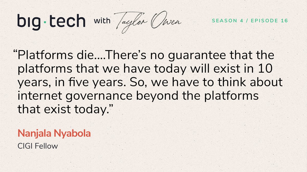 CIGIonline's tweet photo. "We have to think about internet governance beyond the platforms that exist today."
This #BigTechPodcast episode features @Nanjala1, a CIGI fellow & author of Digital Democracy, Analogue Politics: How the Internet Era is Transforming Politics in Kenya ๐ https://t.co/WvO9qqrrBG https://t.co/nZDddS41Oz