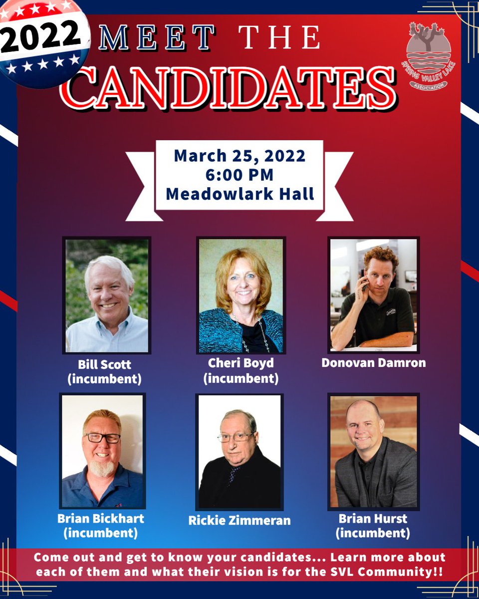SVL_Association's tweet photo. Meet the Candidates is happening tomorrow at 6:00 pm in Meadowlark Hall‼️⌛️ Don't miss the chance to learn more about each of them and what their vision is for the SVL community!
#svla #springvalleylake https://t.co/D4RjoFYtJi