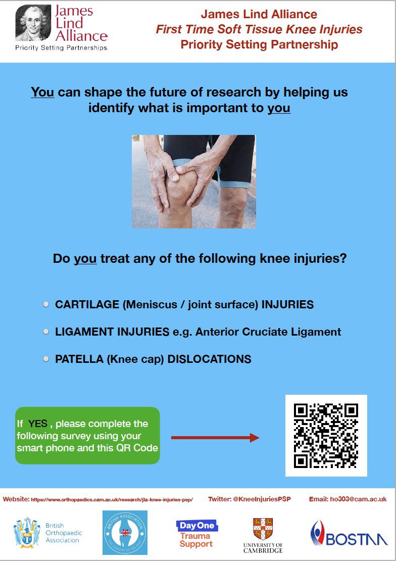 BASK (@baskonline) on Twitter photo Do you treat acute #knee injuries?
If so you can help @baskonline , <a href="/BritOrthopaedic/">BOA</a>, <a href="/BOSTAA_UK/">BOSTAA</a>, Day One Charity & <a href="/LindAlliance/">James Lind Alliance</a> in a Priority Setting Partnership for First Time Soft Tissue Knee Injuries
Complete the survey at tinyurl.com/48bvan2v
Follow <a href="/KneeInjuriesPSP/">JLA First Time Soft Tissue Knee Injuries PSP</a> Do you treat acute #knee injuries?
If so you can help @baskonline , <a href="/BritOrthopaedic/">BOA</a>, <a href="/BOSTAA_UK/">BOSTAA</a>, Day One Charity & <a href="/LindAlliance/">James Lind Alliance</a> in a Priority Setting Partnership for First Time Soft Tissue Knee Injuries
Complete the survey at tinyurl.com/48bvan2v
Follow <a href="/KneeInjuriesPSP/">JLA First Time Soft Tissue Knee Injuries PSP</a>