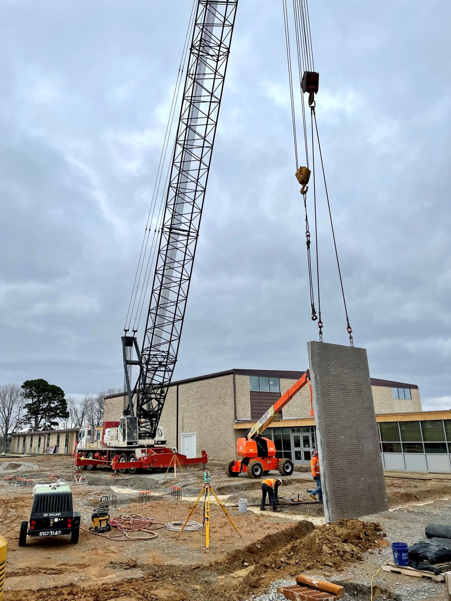 Rain, rain stay away! 

First piece of pre-cast is being set today by Prestressed Casting Co. on the Gainesville R-V Schools project!