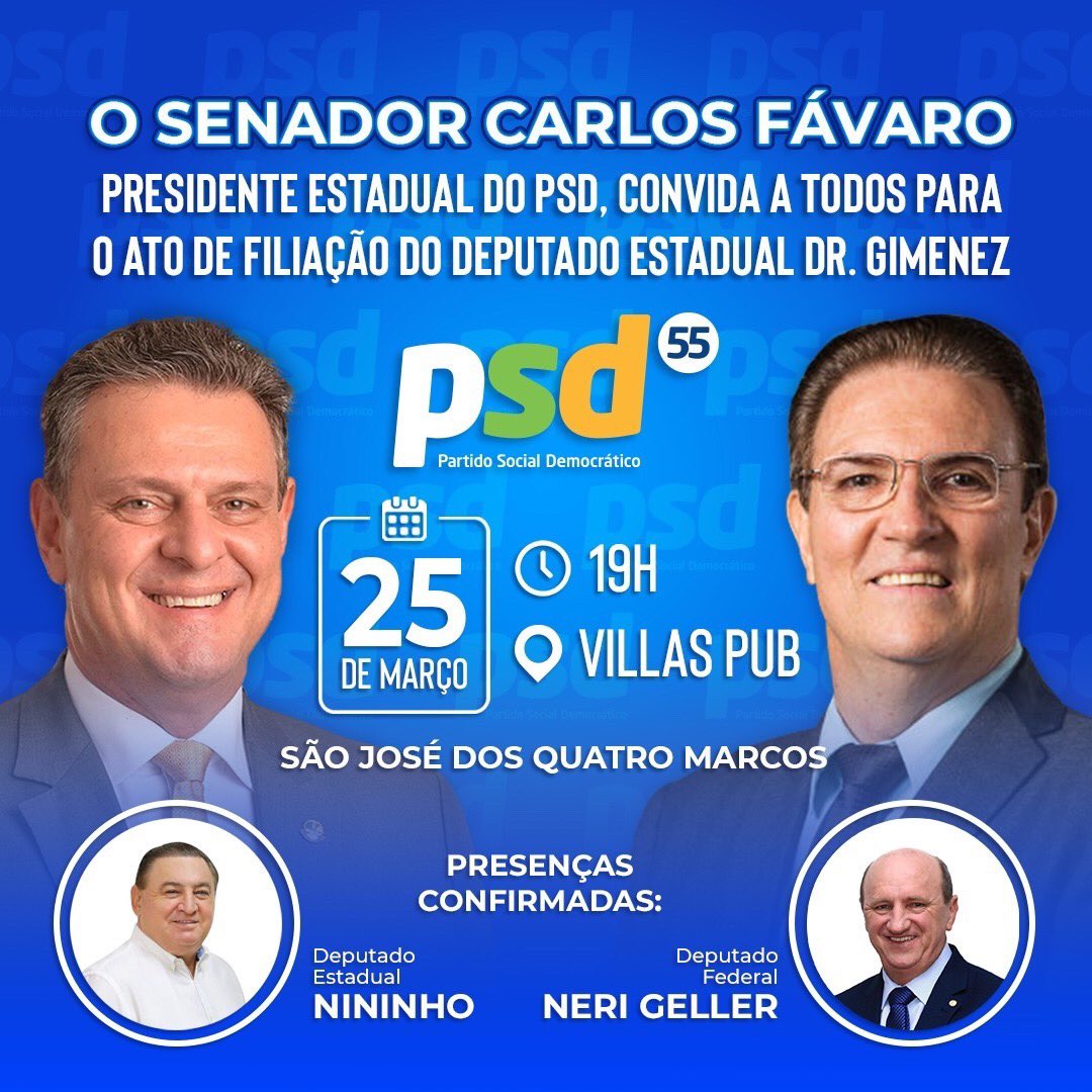 Carloshbfavaro's tweet photo. Como eu venho repetindo, o #PSD-MT não para de crescer 🚀! E a partir de amanhã teremos a honra de contar com o deputado estadual Dr. Gimenez nos nossos quadros, trabalhando junto com a gente por Mato Grosso
#psdmt #psd55 #psd https://t.co/ieau2FCa2I