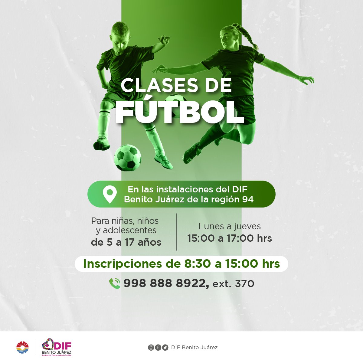 DIF_Cancun's tweet photo. Actividades en nuestras instalaciones con cupo limitado.
💃 🏀 ⚽ 🎸

📱 Llama e inscríbete: 9988888922, ext. 370. https://t.co/mllIpU73hz