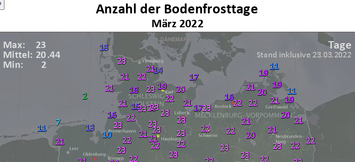 meteoHRO's tweet photo. ℹ️🌡️Die Hochdruckdominanz im #März 2022 wird durch die vielen klaren/windschwachen Nächte auch bei der Anzahl der Bodenfrosttage deutlich.
Zum Beispiel an den Stationen #Feldberg und #Marnitz gab es bisher 23 davon, an jedem Tag gab es also Bodenfrost.
https://t.co/QdShVMIYrd https://t.co/PbN8h7Idq1