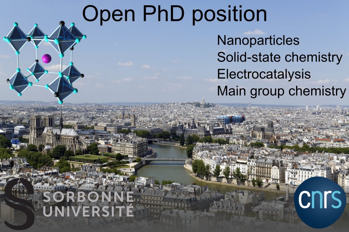📢 We are looking for a PhD student! Funding <a href="/ERC_Research/">European Research Council (ERC)</a> <a href="/CNRS/">CNRS 🌍</a> to work <a href="/Sorbonne_Univ_/">Sorbonne Université</a> in PARIS in the team <a href="/Nano_lcmcp/">Nano_lcmcp</a> : nanoparticles, solid-state chemistry, electrocatalysis, main-group chemistry. Details can be found there:  bit.ly/3wwBldhRT. RT appreciated!