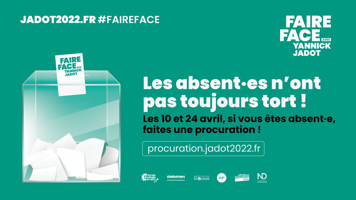 Les absent·es n'ont pas toujours tort ! 
Faites une procuration pour les 10 et 24 avril !

procuration.jadot2022.fr