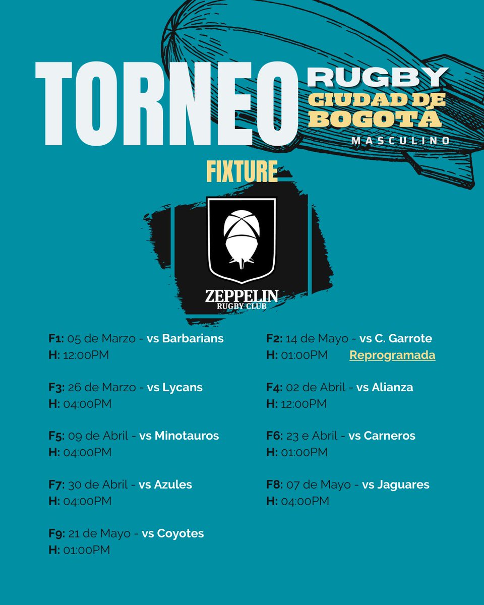 zeppelinrugby's tweet photo. El fixture del Torneode rugby Ciudad de Bogotá, tiene una modificación, al ser reprograma la fecha 2 para el 14 de Mayo.

#RugbyBogota #RugbyColombia https://t.co/RqkW4Hz9C1