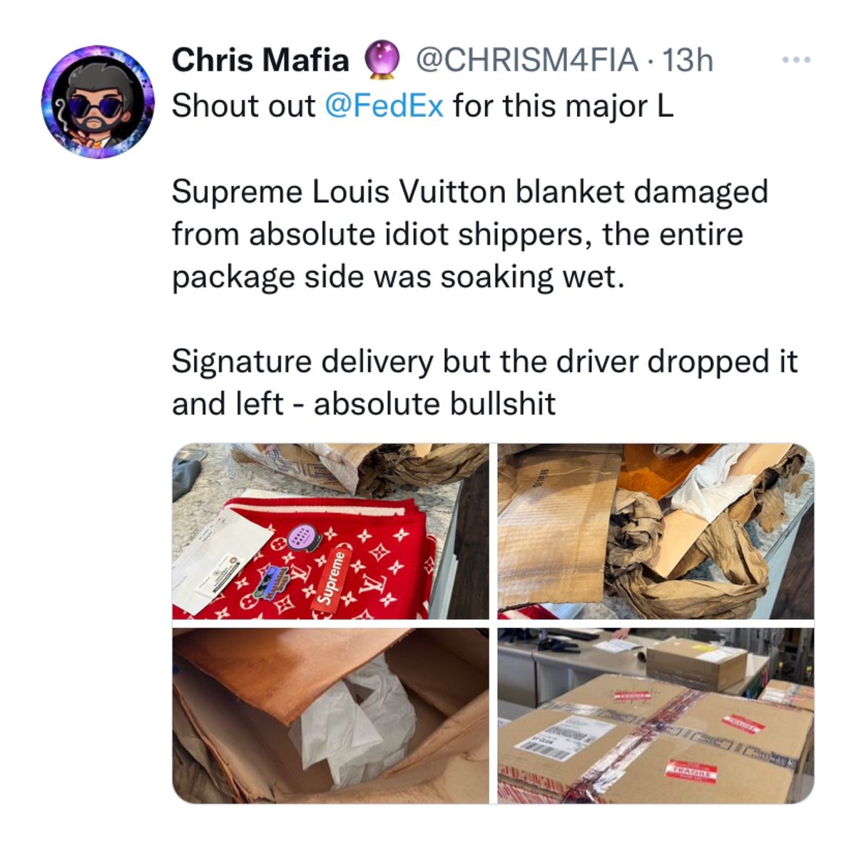 Ovrnundr on X: Supreme x Louis Vuitton blanket arrived soaking wet,  shipped by FedEx (signature delivery) driver left the package outside.  Blanket retailed for $1,550 dollars and current resell is $2,500+ dollars