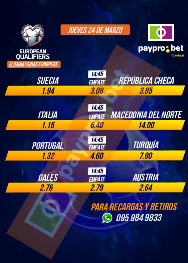 BetPaypro's tweet photo. Jornada de eliminatorias Sudamericanas, Europeas y Concacaf. #PayPro #TUGANAS https://t.co/zJYsQFAJbN