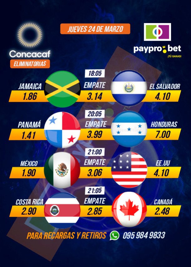 BetPaypro's tweet photo. Jornada de eliminatorias Sudamericanas, Europeas y Concacaf. #PayPro #TUGANAS https://t.co/zJYsQFAJbN