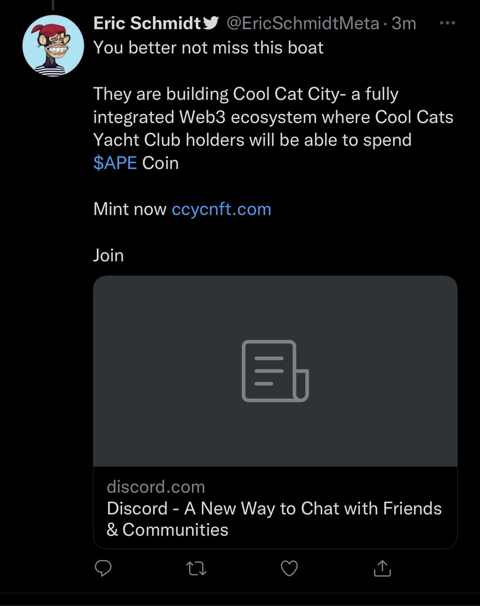 SH13LDS7's tweet photo. I gotta add this to the 🧵😫. So @EricSchmidtMeta says they are Building cool Cat-City? Really people? You are good to fall for this crap 👀 #RugPullMafia #CCYC https://t.co/gKkF2CZO14