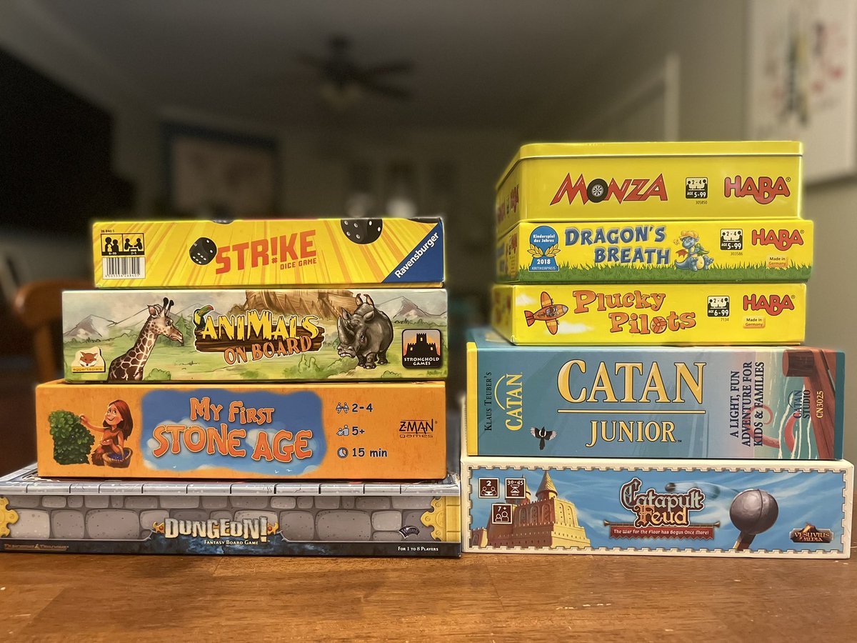 The_BSD's tweet photo. Here are some of my 41/2 year olds favorite games. They are all great and I can’t recommend them enough! @RavensburgerNA @StrongholdGames @Zmangames_ @wizkidsgames @HABA_USA @CatanStudio @Vesuvius_Media https://t.co/KKcnCKtSUP