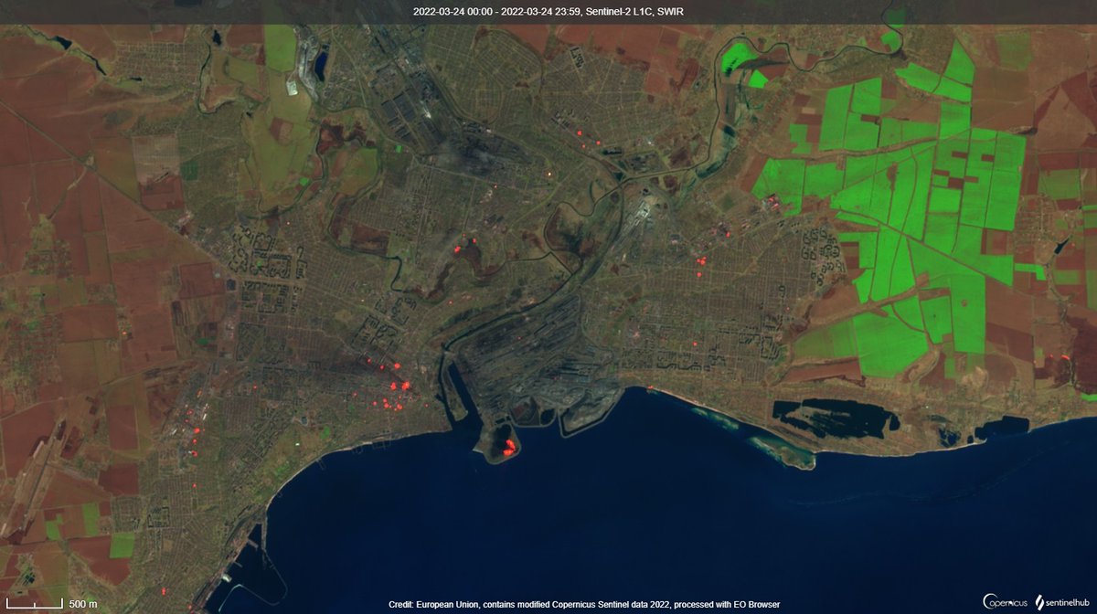 aldin_aba's tweet photo. Fires in Mariupol today, indicative for approximate areas of where fighting is heavy or ongoing. https://t.co/9UUVdvi8cN