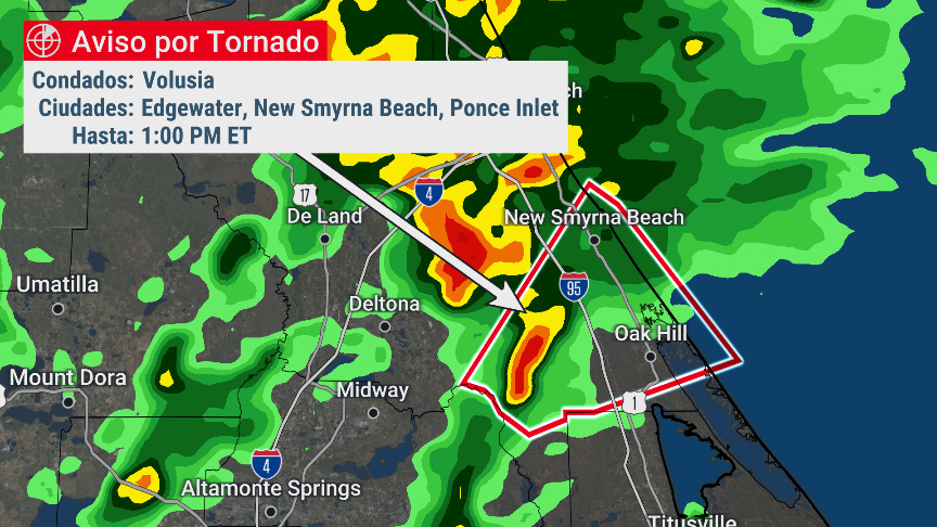conexiontiempo's tweet photo. 🌪️Aviso por #Tornado para el condado #Volusia en la costa este de #Florida por una #tormenta severa capaz de generar tornado localizada cerca de #Maytown pudiendo afectar #Edgewater, #OakHill, #BethuneBeach y partes de la I-95. Precaucion. https://t.co/gyRwKkKhgz