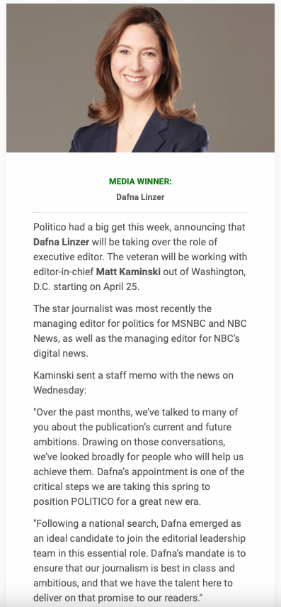 melisscooke's tweet photo. Love to see @DafnaLinzer &amp; @politico as the very well-deserved @Mediaite winner of the day. 

Read more about her new role here: https://t.co/xCBeNflAoS https://t.co/47rw4wqcEr