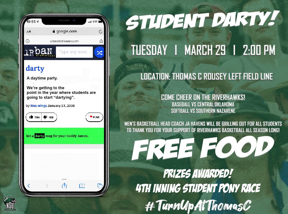 Hey <a href="/NSURiverHawks/">Northeastern State</a> students‼️

On 𝗧𝗨𝗘𝗦𝗗𝗔𝗬 @ 𝟮:𝟬𝟬 let’s #TurnUpAtThomasC 

Make plans to be at the 𝘋𝘢𝘳𝘵𝘺! 

Free food &amp; prizes!