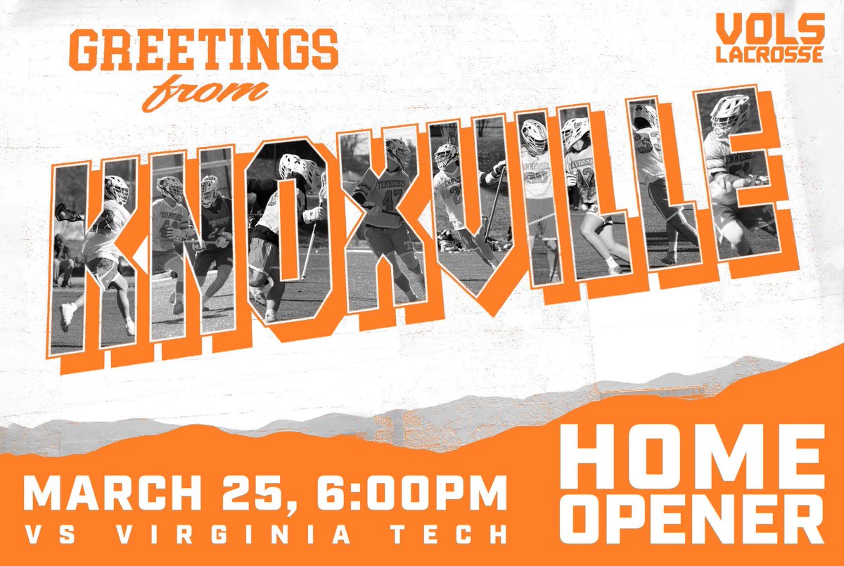 Vol_Lacrosse's tweet photo. FIRST HOME GAME TOMORROW @ 6PM vs Virginia Tech
-
Come out and support the Vols! Stop by @deadendbbq beforehand for our pregame percentage night and say you’re with us! 
-
3620 Sutherland Ave
Knoxville, TN 37919
(Dead End is right across the street) https://t.co/MEuPPqps3n