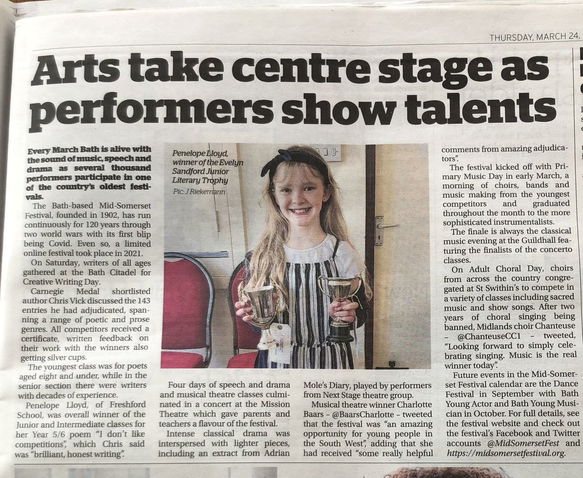 Delighted to see a pic from our S &amp; D concert on the front page of The Bath Chronicle with a piece about the festival on P.9.The other pic is of a student from <a href="/FreshfordPTA/">Freshford PTA</a> who won the Evelyn Sandford Junior Literary Cup. <a href="/BarbaraIngledew/">Barbara Ingledew</a> <a href="/rawshirley/">Shirley Smith</a> #BathMSF22
