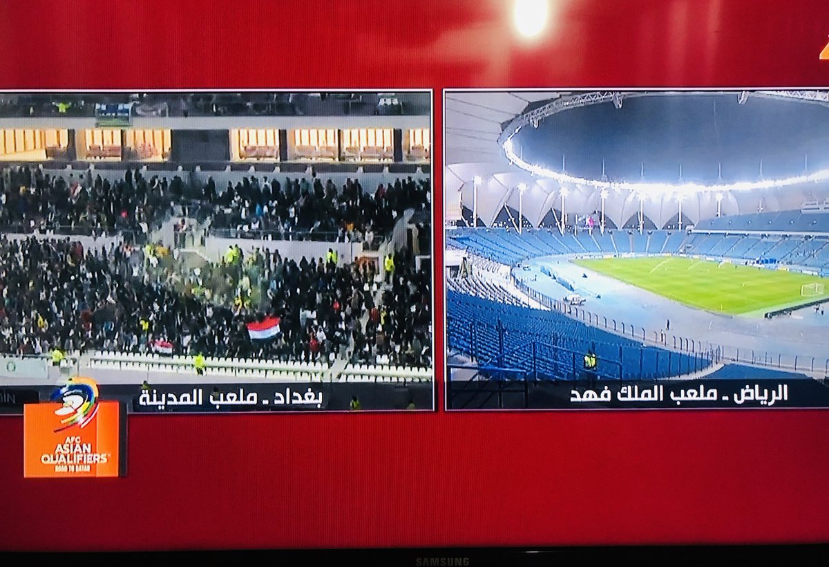 #السعوديه_الصين 
#الامارات_العراق 
#قطر2022 
فقط في العراق 
ملعب المباراة في فارغ، وملعب المدينة في بغداد  مملوء بالجماهير !
وفيه رسالة قوية للفيفا والاتحاد الاسيوي  سنلعب في ارضنا وبين جمهورنا شئتم ام ابيتم عاجلا ام آجلاً.