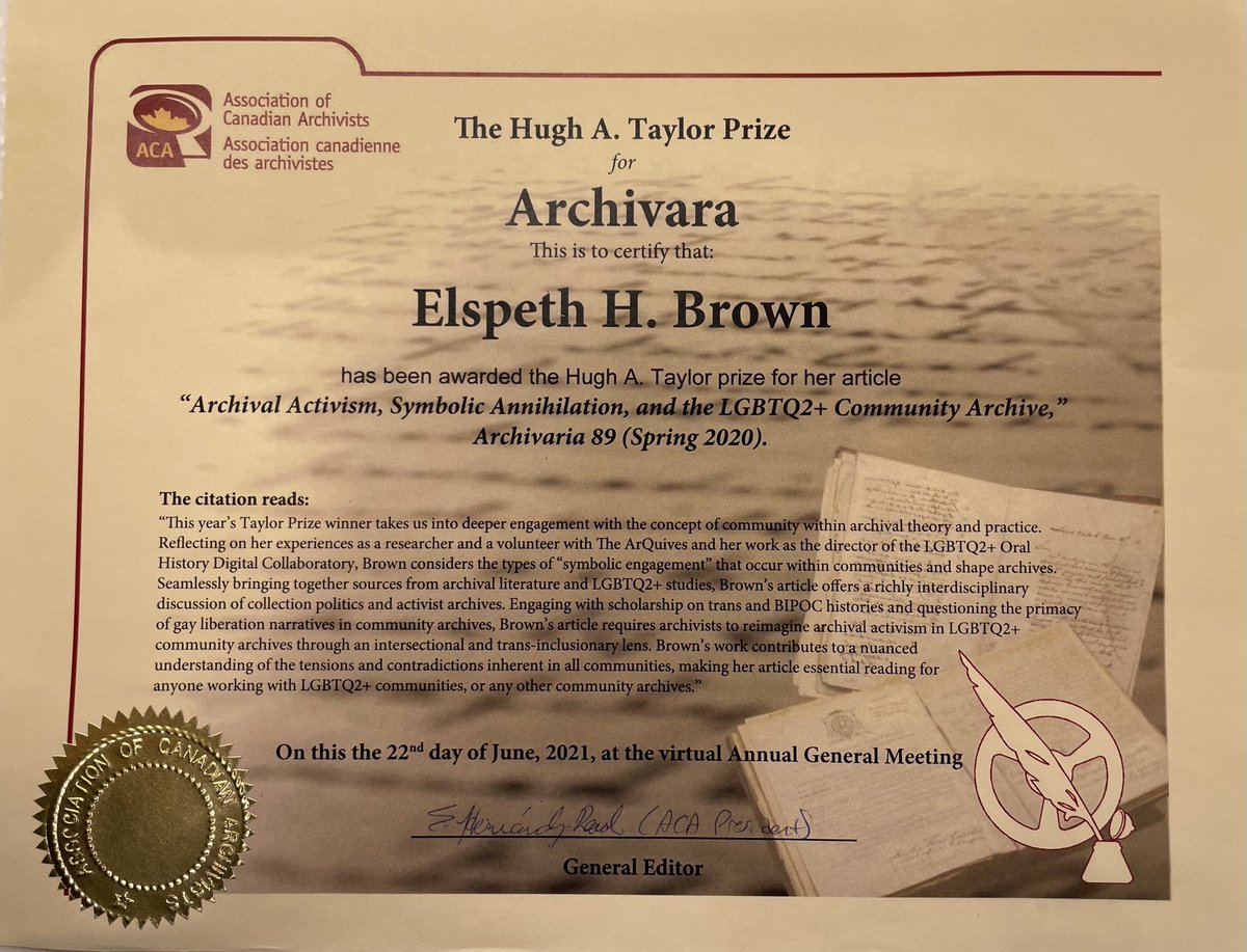 Hey! I got a prize! Hugh A. Taylor prize from Archivaria for my article on queer archives. This arrived in the mail. Not sure if I was supposed to go to the ACA to accept it…oops. Thank you!