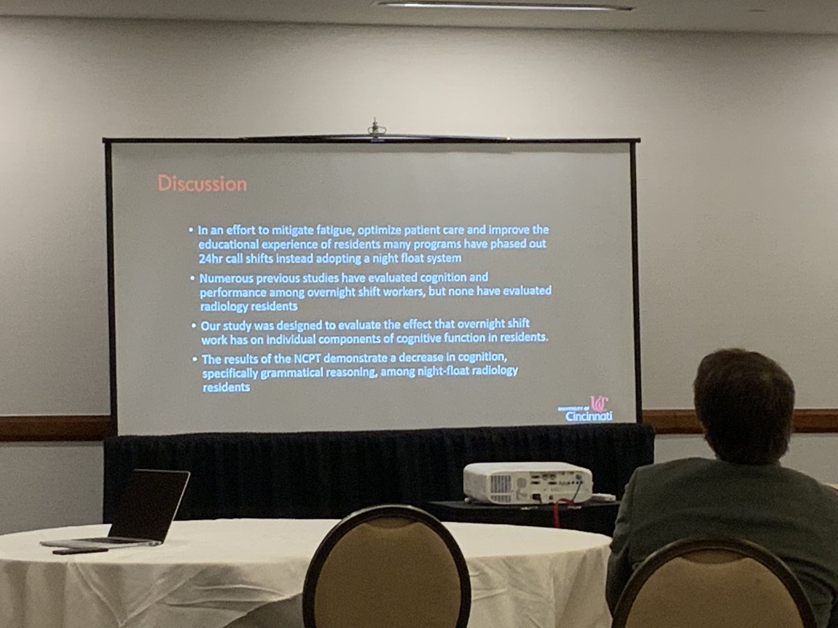Great information from <a href="/SD_HW/">carl flink</a> related to effects of overnight shift work on cognition and sleeping.  This pilot study is sure to pave the way for lots more research in the field! #AUR22 <a href="/UCRadRes/">UCRadRes</a>
