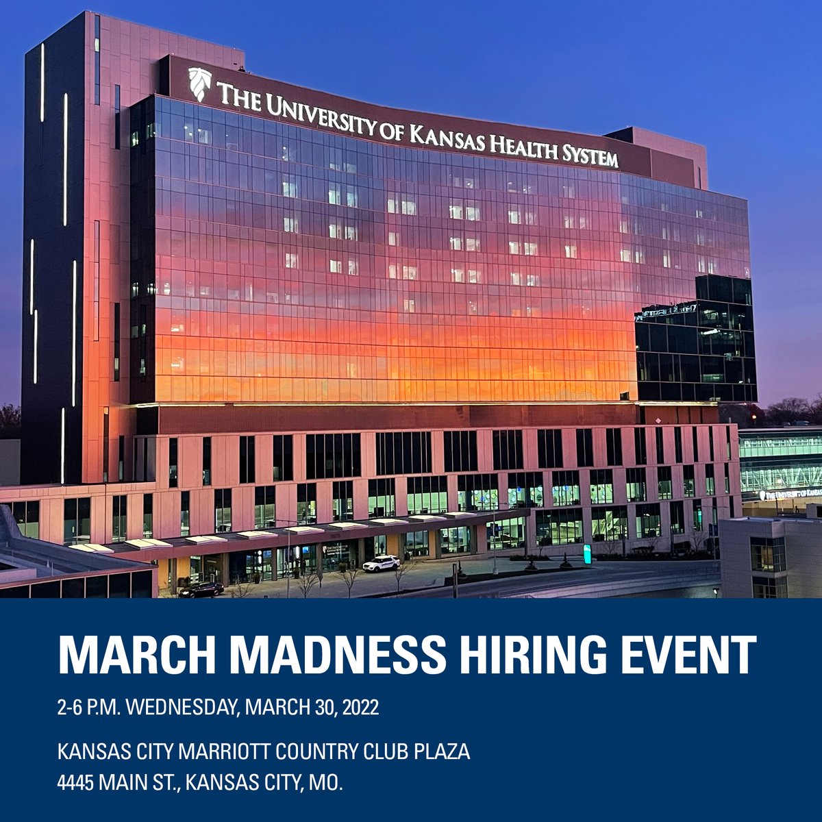 KUhospitalJobs's tweet photo. Bring your resume and visit us between 2-6 pm on Wed., March 30, at the Marriott Hotel on the Country Club Plaza in the Grand Ballroom located on the second floor. RSVP: https://t.co/WBcgCMvlaB #NowHiring #KansasCity https://t.co/kph4hsRrY4