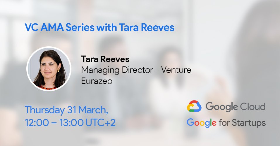eurazeo's tweet photo. 🚀 @tarareeves will participate in the VC AMA Series hosted by @GoogleCloud to talk about her insights on EMEA VC trends &amp; being a #scaleup #founder.
📆 Thursday 31 March
⏰ 12:00-13:00 UTC+2
📍 Online
Registration 👉 https://t.co/g8hw8wF9aW
#StartUp #entrepreneur @GoogleStartups https://t.co/jy0BGQFkky
