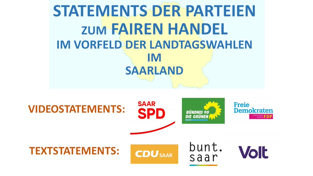 FairesSaarland's tweet photo. Partei-Statements zum Fairen Handel
#Landtagswahl 2022 im #Saarland 

Zu den 📺Video- oder 📋Textstatements:
https://t.co/QMgmL0knOD

Im Vorfeld der #Saarlandwahl 2022 haben die #FairActivists mit unserer Unterstützung Parteien zu #Fairen #Handel befragt. https://t.co/LJSNBxUcyL