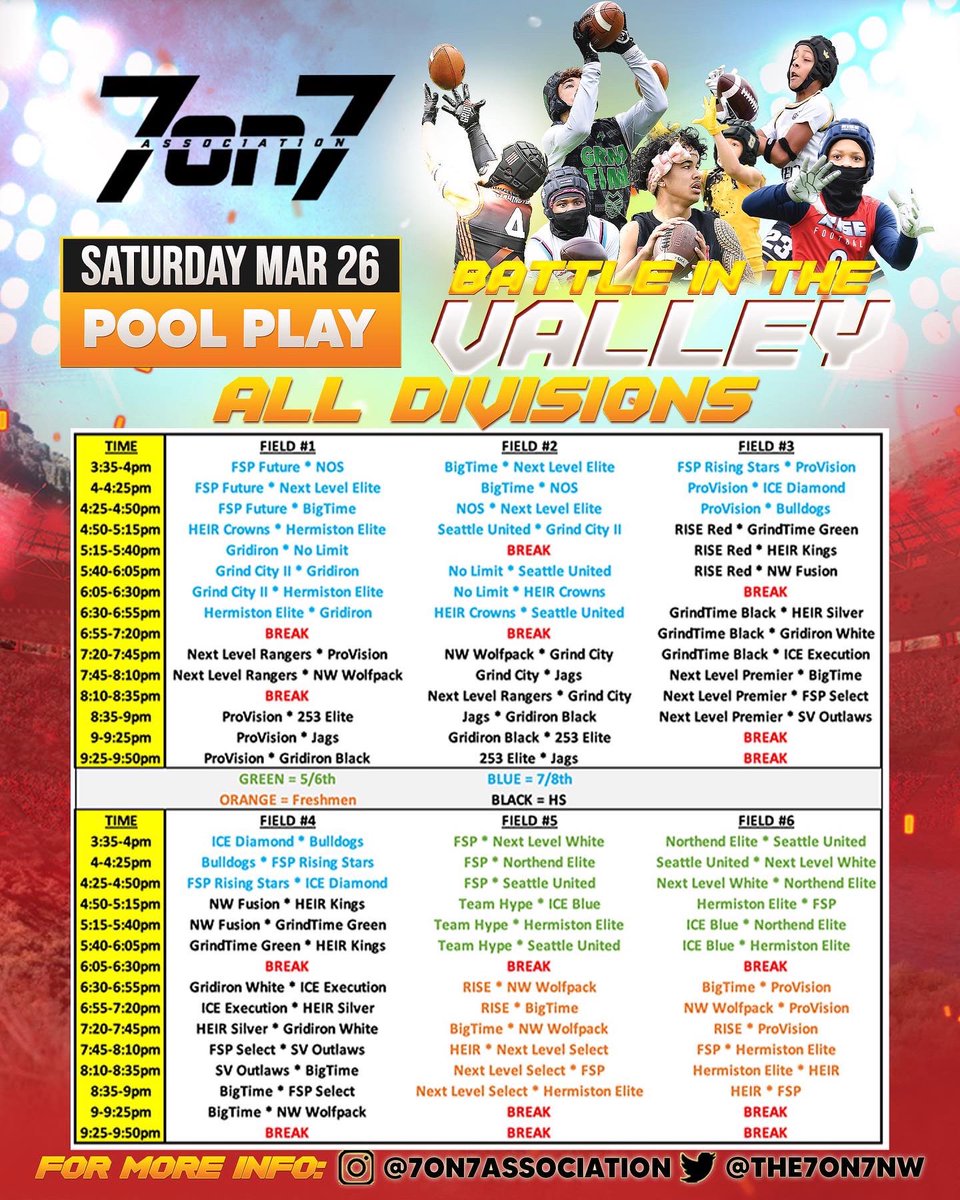 The7on7NW's tweet photo. π¨OVERALL POOL PLAY SCHEDULE FOR BATTLE IN THE VALLEYπ¨
-
-
Coming this Saturday, March 26th!!!
-
-
#AssociationVSEverybody #BattleInTheValley πππ https://t.co/xA5PeNrx7R