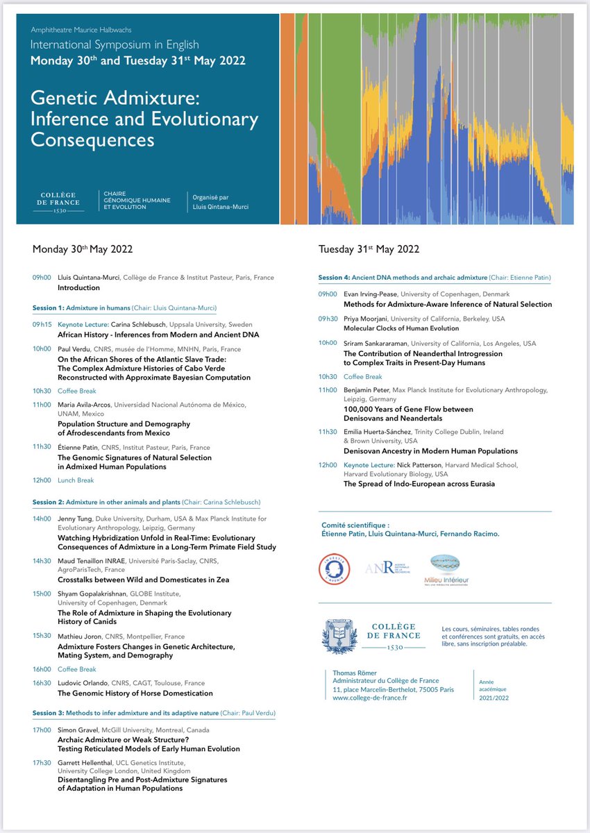 Lluis Quintana-Murci (@quintanamurci) on Twitter photo Please RT: Symposium "Genetic admixture: inference and evolutionary consequences" at the Collège de France <a href="/cdf1530/">Collège de France</a>, 30-31 May, Paris. Outstanding line up of speakers. IMPORTANT: attendance is free, and no registration needed. Will be in presence. See you in the sunny Paris! Please RT: Symposium "Genetic admixture: inference and evolutionary consequences" at the Collège de France <a href="/cdf1530/">Collège de France</a>, 30-31 May, Paris. Outstanding line up of speakers. IMPORTANT: attendance is free, and no registration needed. Will be in presence. See you in the sunny Paris!