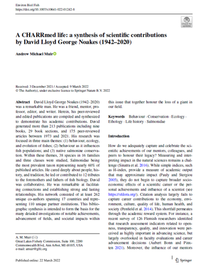 MargaretDocker's tweet image. The first article in the special issue of #EBFI commemorating the life and work of David Noakes is now available online. It’s a wonderful synthesis of David’s scientific contributions, written by Andrew Muir @LampreyControl. DM or email me for a PDF. #Charrs #FishBehavior #Salmon