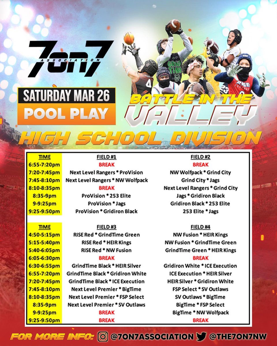 The7on7NW's tweet photo. π¨POOL PLAY SCHEDULE BY DIVISION FOR THE BATTLE IN THE VALLEYπ¨
-
HS, Freshmen, 7th/8th, and 5th/6th
-
-
#AssociationVSEverybody #BattleInTheValley πππ https://t.co/I5Rh3zQ3MO