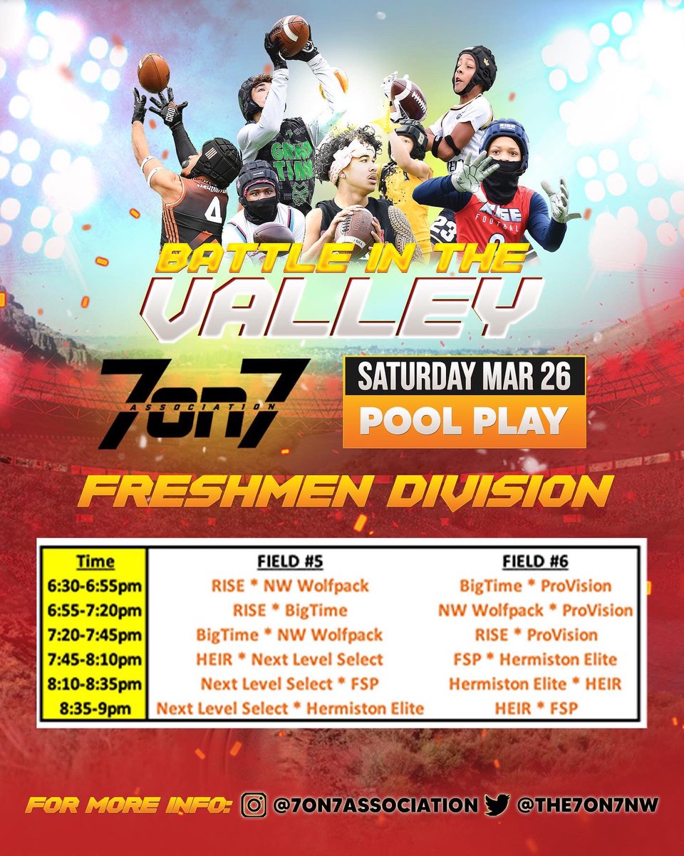 The7on7NW's tweet photo. π¨POOL PLAY SCHEDULE BY DIVISION FOR THE BATTLE IN THE VALLEYπ¨
-
HS, Freshmen, 7th/8th, and 5th/6th
-
-
#AssociationVSEverybody #BattleInTheValley πππ https://t.co/I5Rh3zQ3MO